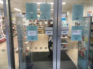 The closed door of a pharmacy